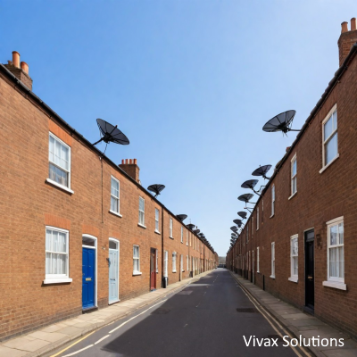 Satellite facing the same direction in a UK street